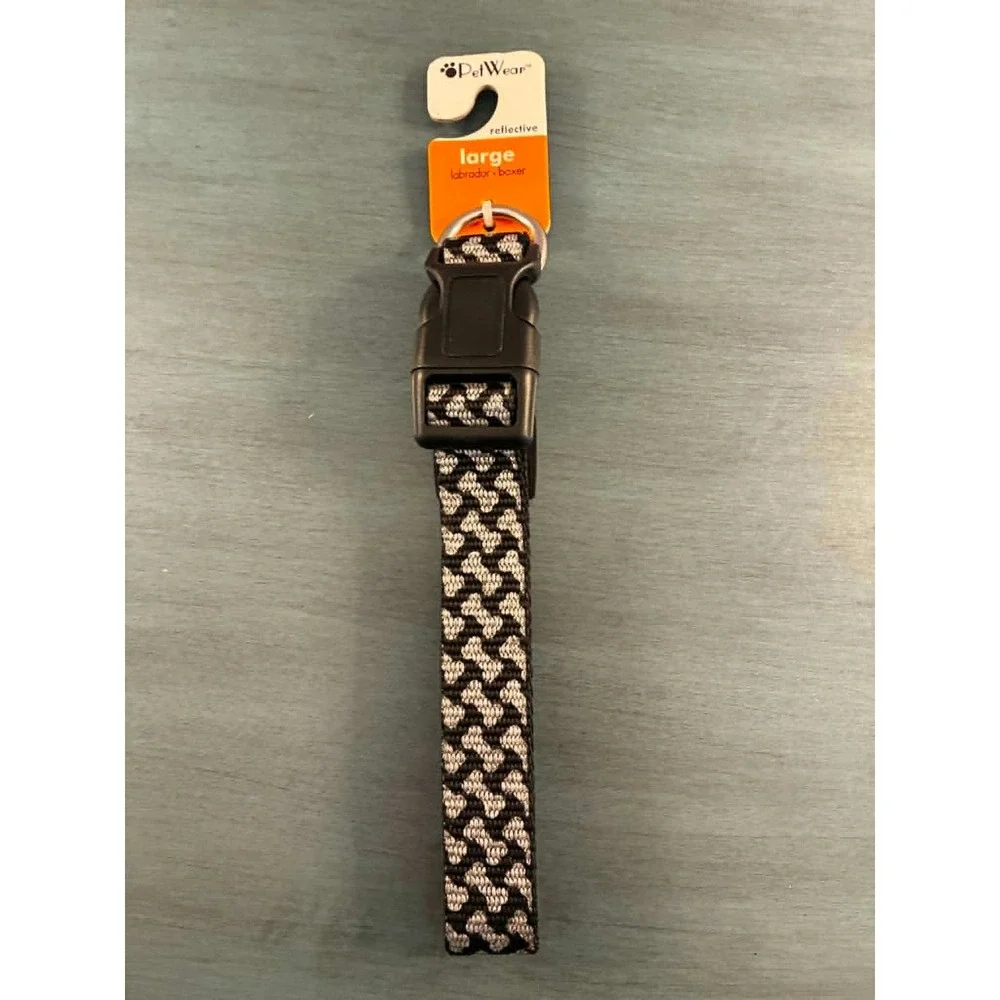 PetWear Dog Collar Large Black Reflective Bone Print Adjustable 15-26in 48760